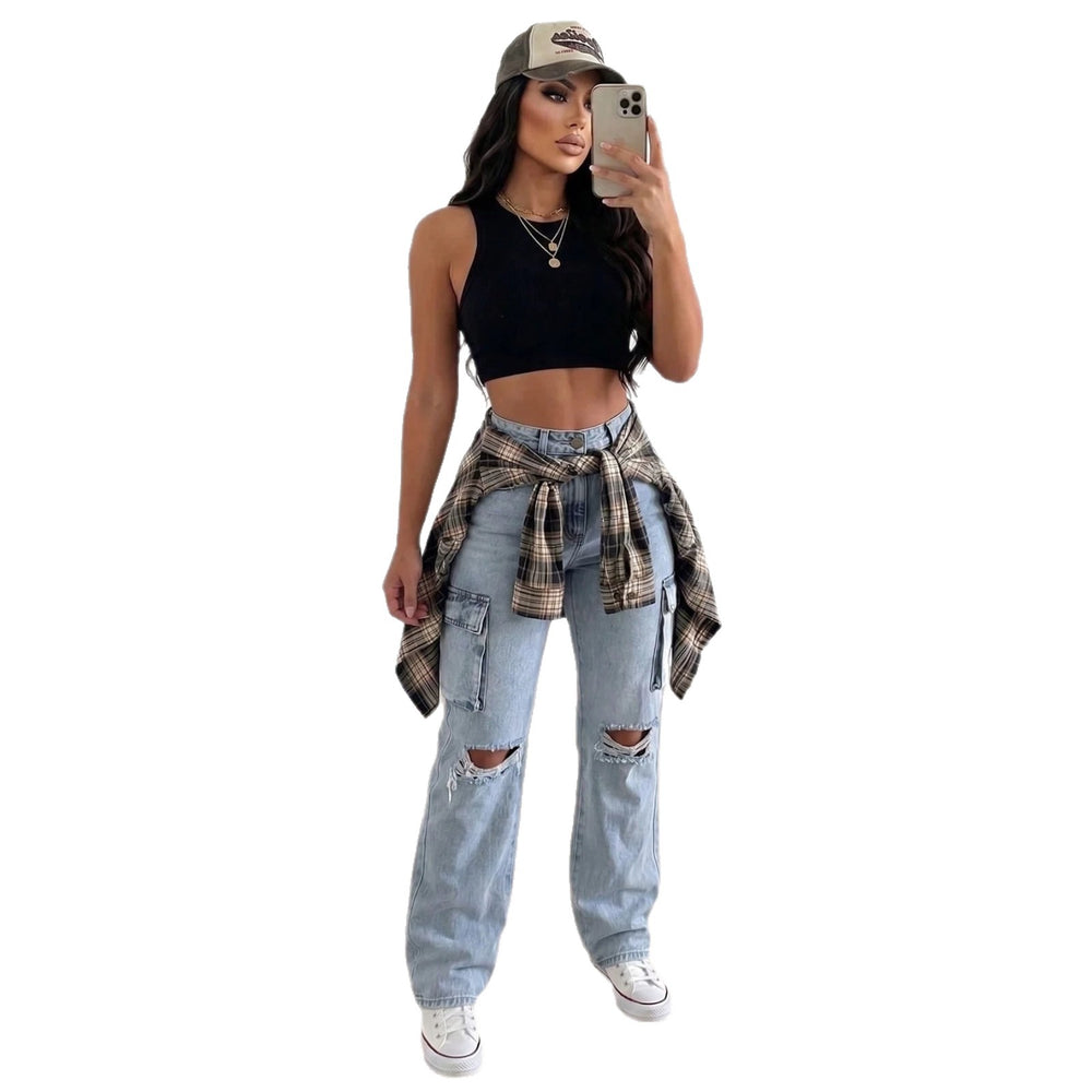 European and american style women's distressed denim cargo pants - high waist, washed, slim fit, designer jeans