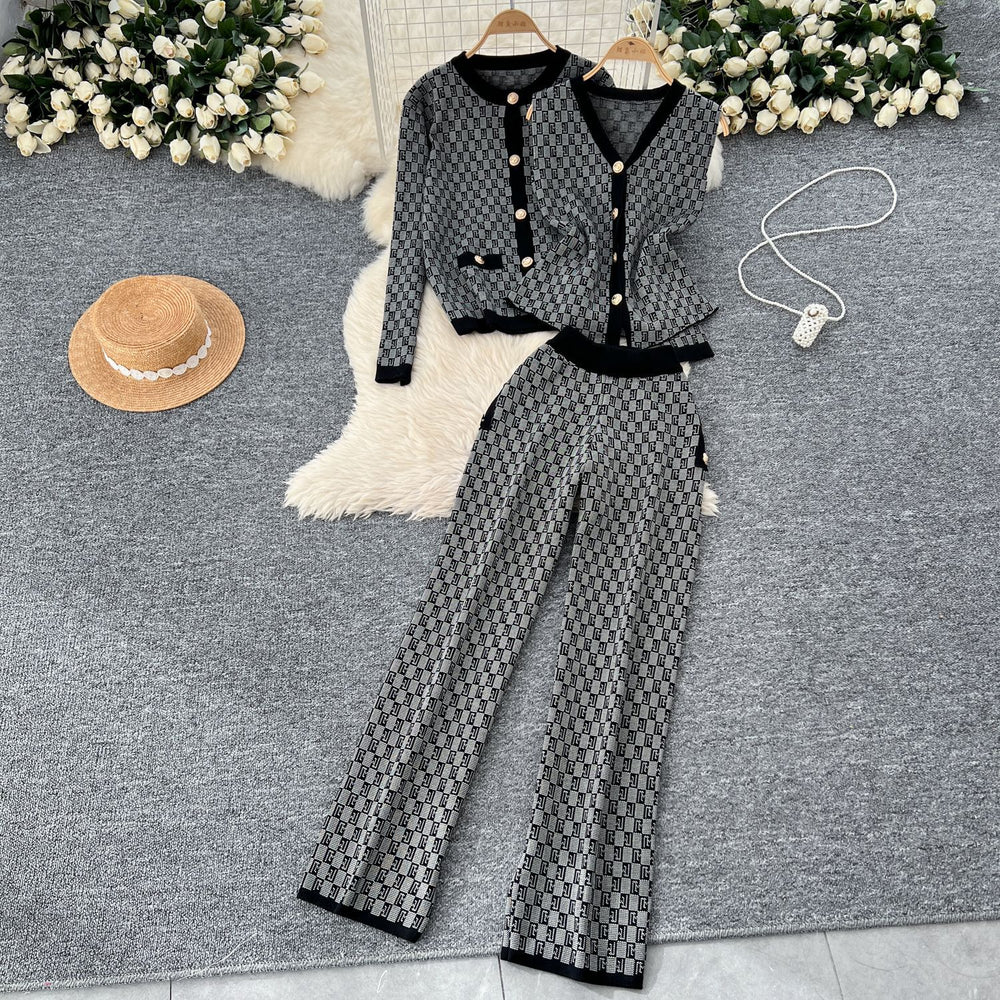 Fashion retro jacquard suit women's small fragrant style sleeveless knitting waistcoat sweatercardiganoutwear wide leg pants