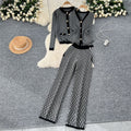 Fashion retro jacquard suit women's small fragrant style sleeveless knitting waistcoat sweatercardiganoutwear wide leg pants