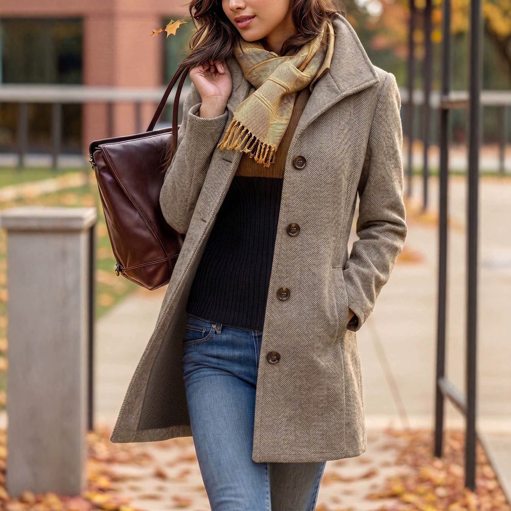 Fashionfall and winter style women's outwear herringbone pattern large lapel single breasted flap pocket pants design slimming lookwoolen coat supply
