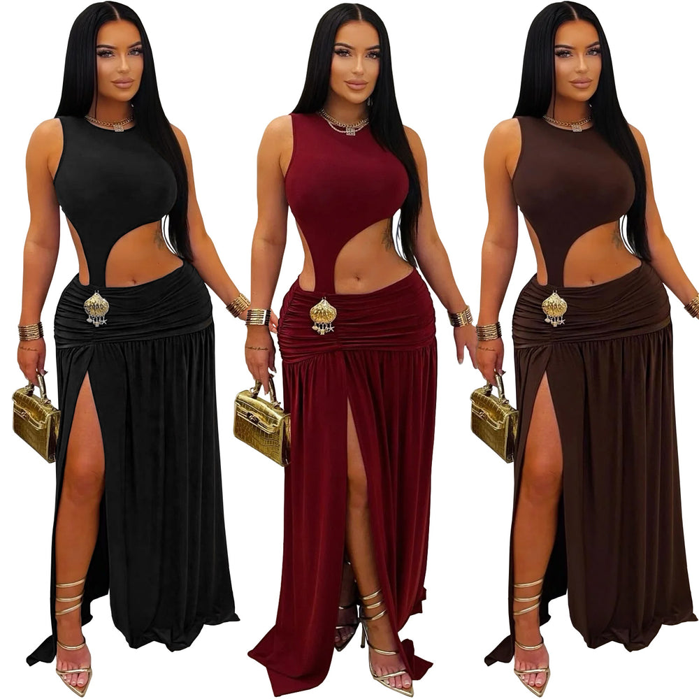 C7597 cross-border   fashion women's sexy solid color sleeveless cropped slit dress