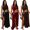 C7597 cross-border   fashion women's sexy solid color sleeveless cropped slit dress