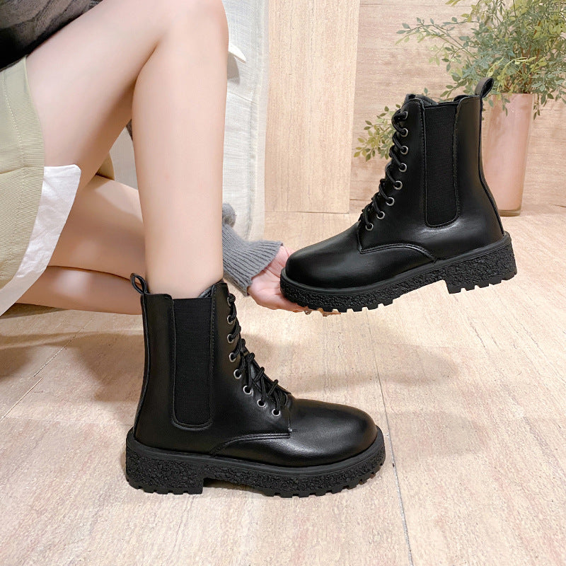 Women's mid-calf chunky heel round toe chelsea boots - 2025 autumn new korean style patent leather women's shoes - comfortable martin boots