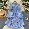 Export palace style spring dress for women new arrival nail diamond button waist printing long sleevesdress + suspender skirt
