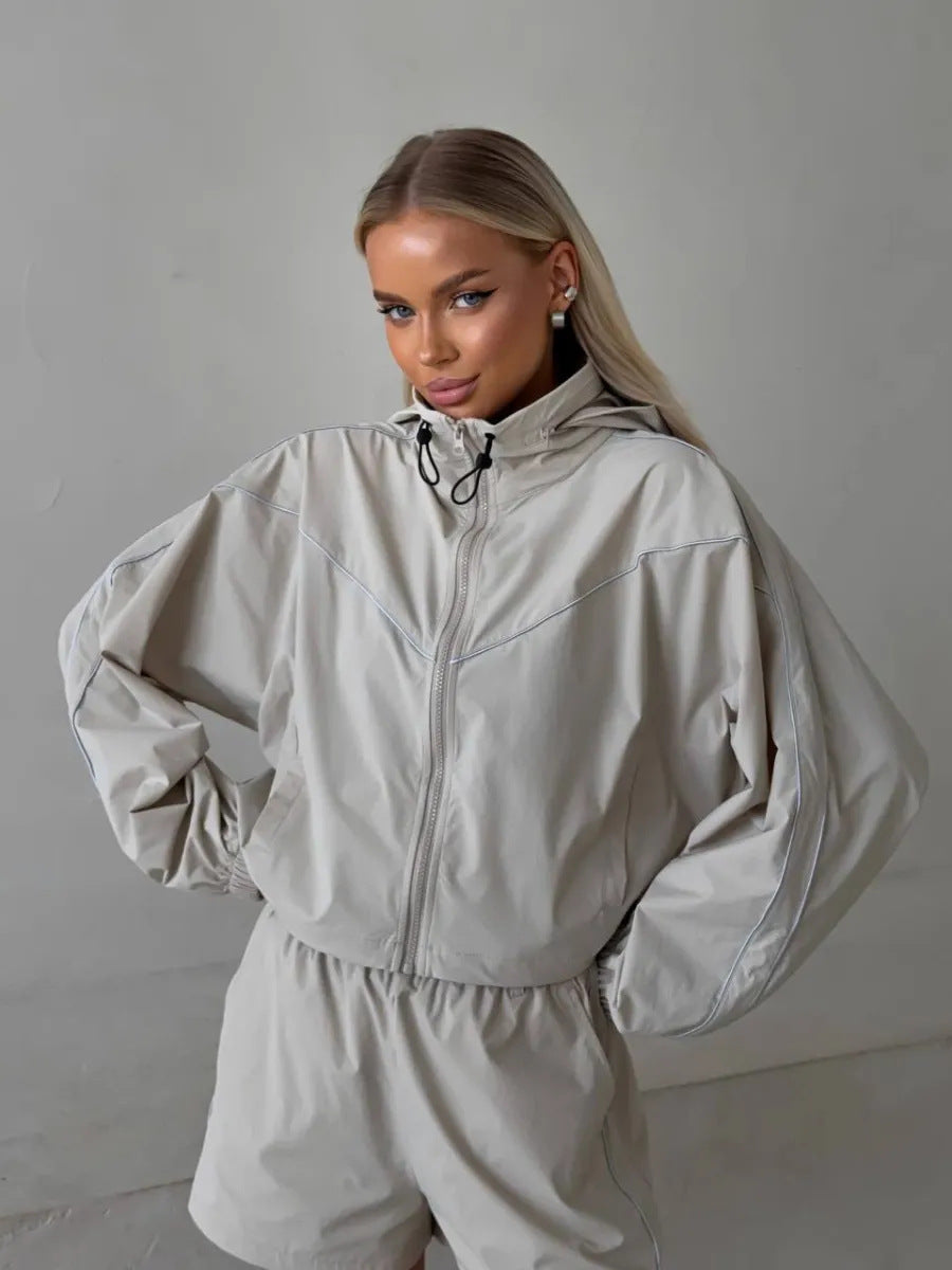 European and American  summer casual shorts set solid color long-sleeved zipper cardigan elastic shorts line two-piece set