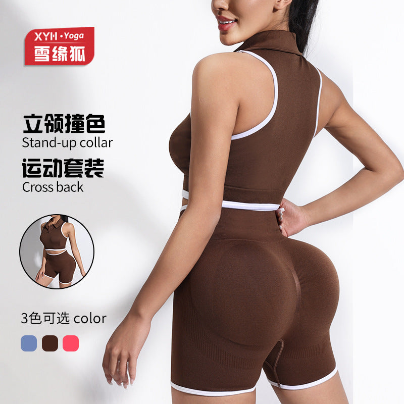 New Polo stand-up collar contrasting color zipper sports vest running fitness sports hip-lifting shorts yoga suit women