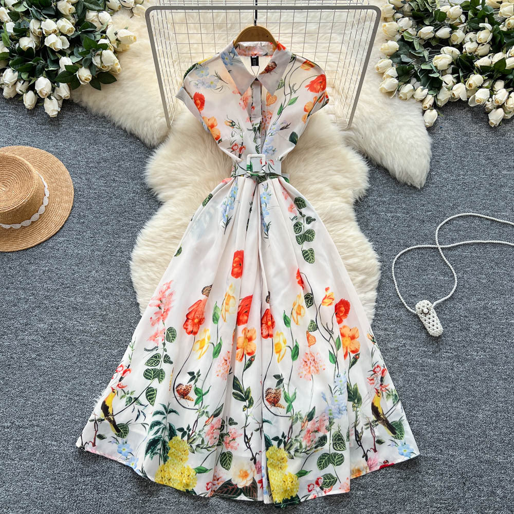 French fashion polo collar short sleeve waist dress women's summer classy slimming lookelegant large swing printing long skirt