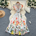 French fashion polo collar short sleeve waist dress women's summer classy slimming lookelegant large swing printing long skirt