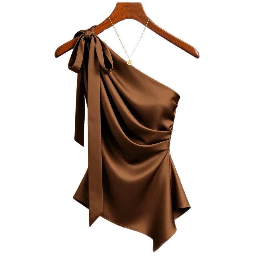 Amazon  cross-border e-commerce new arrival  solid color satin ruched bow blouse top