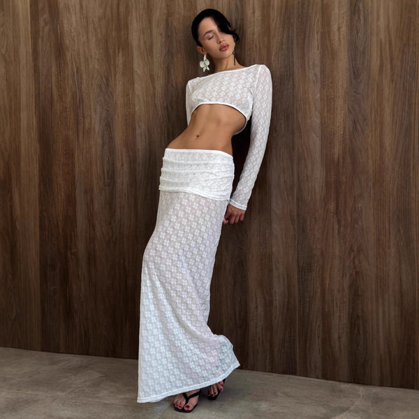 White lace skirt set women's clothing 2025 autumn and winter European and American design top long skirt sexy two-piece set