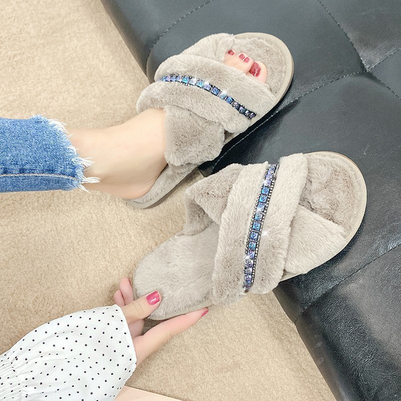 2024 new plush slippers for women, european and american fashion crossover one-strap warm slippers, direct from the manufacturer, cotton slippers