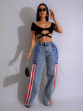 fashion american flag print stretch wide leg denim pants women's casual high waist straight leg jeans