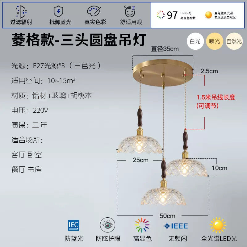 French Internet celebrity three head restaurant lights retro Japanese aluminum glass chandelier walnut dining room dining table bar lighting