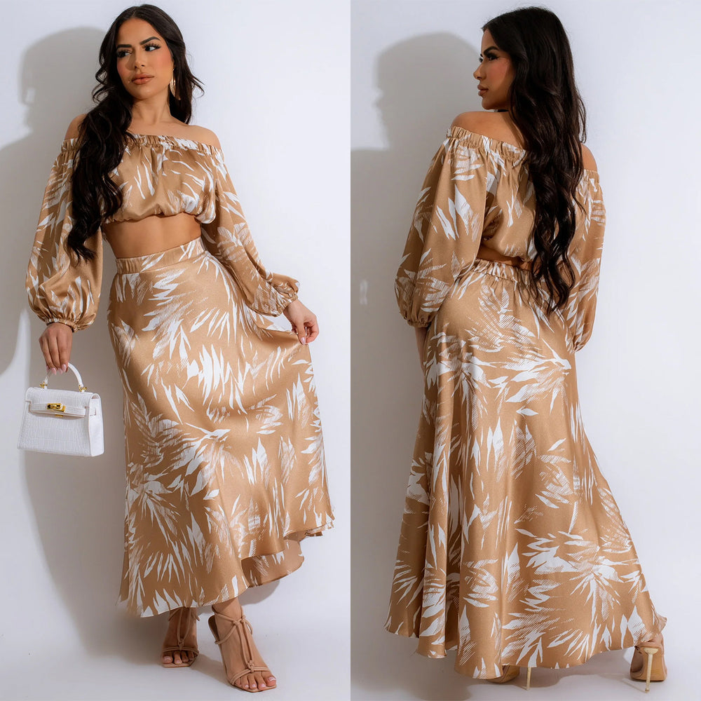 C6881 cross-border   fashion women's printed sexy long sleeve cropped maxi dress two-piece set
