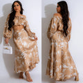 C6881 cross-border   fashion women's printed sexy long sleeve cropped maxi dress two-piece set