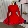 European and american women's clothing  summer new arrival: elegant high-neck flared sleeve high-waisted ruffle hem bodycon dress