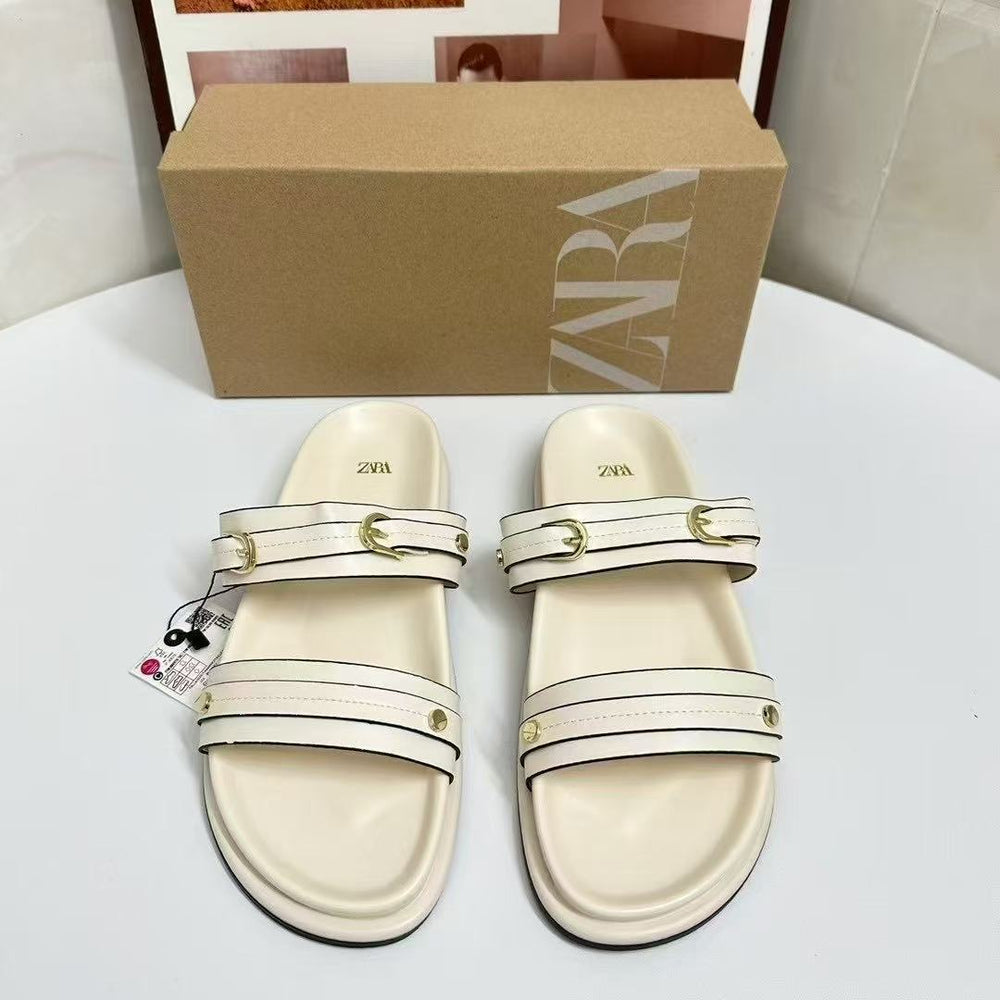 Za2025 summer new arrivals: women's double strap buckle round toe casual flat sandals