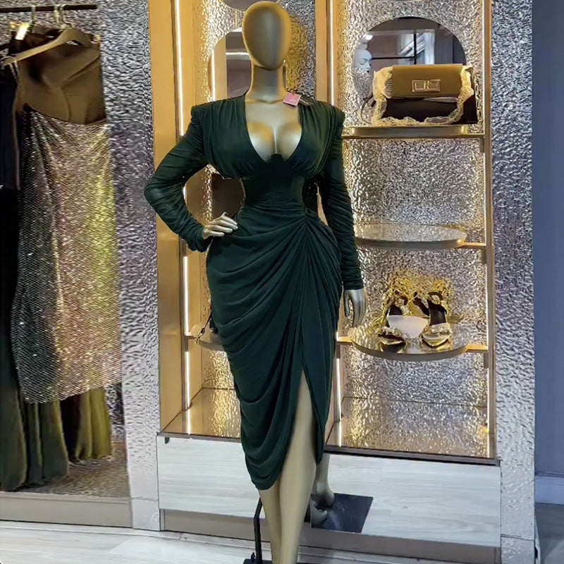 European and american cross-border women's fashion:  spring new arrivals - sexy and elegant v-neck slimming pleated midi dress