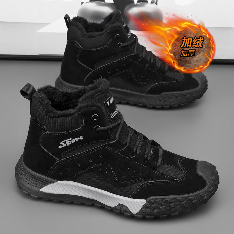 Winter fleece-lined thickened high-top cotton shoes, wear-resistant and anti-smash construction site safety shoes, hot-selling fashionable outdoor trendy work shoes