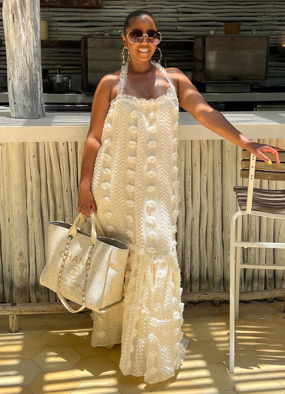 European and american cross-border women's fashion:  new arrivals - sexy and chic floral maxi dress with halter neck and tiered design