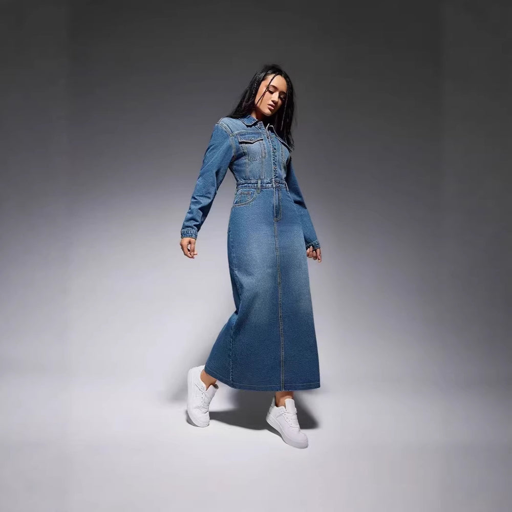 European and american new arrival cross-border women's clothing   long sleeve lapel button slit long fashionable dress for women