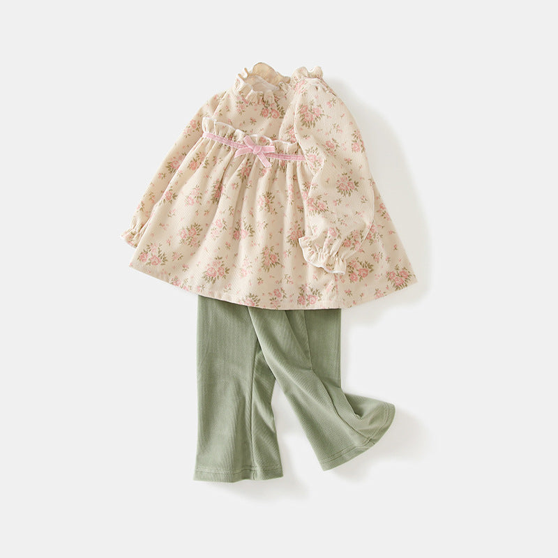Girls' spring/autumn  new collection: country chic floral princess dress with lace trim - pink peach blossom kids' clothing