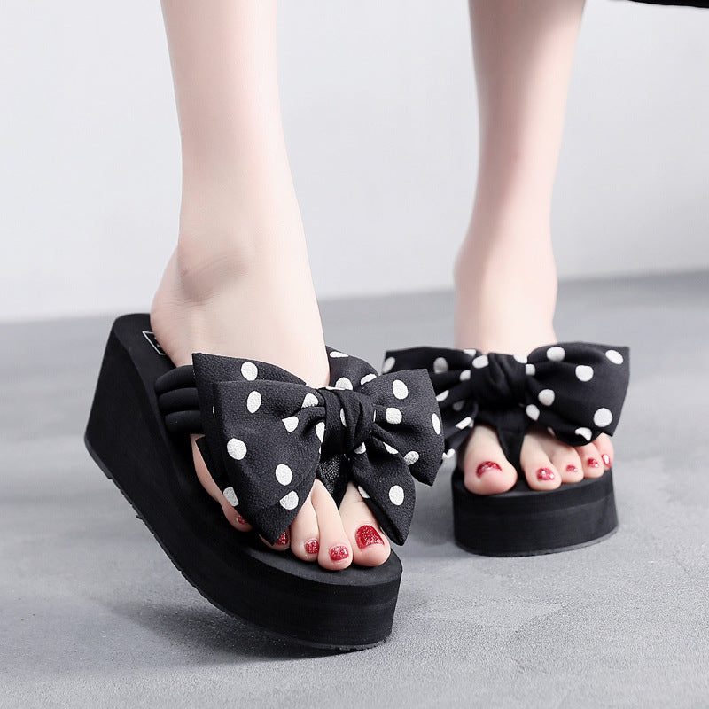 2026 new women's super high heel flip-flops - summer non-slip platform beach sandals with sweet bow detail - wearable wedge heel slides