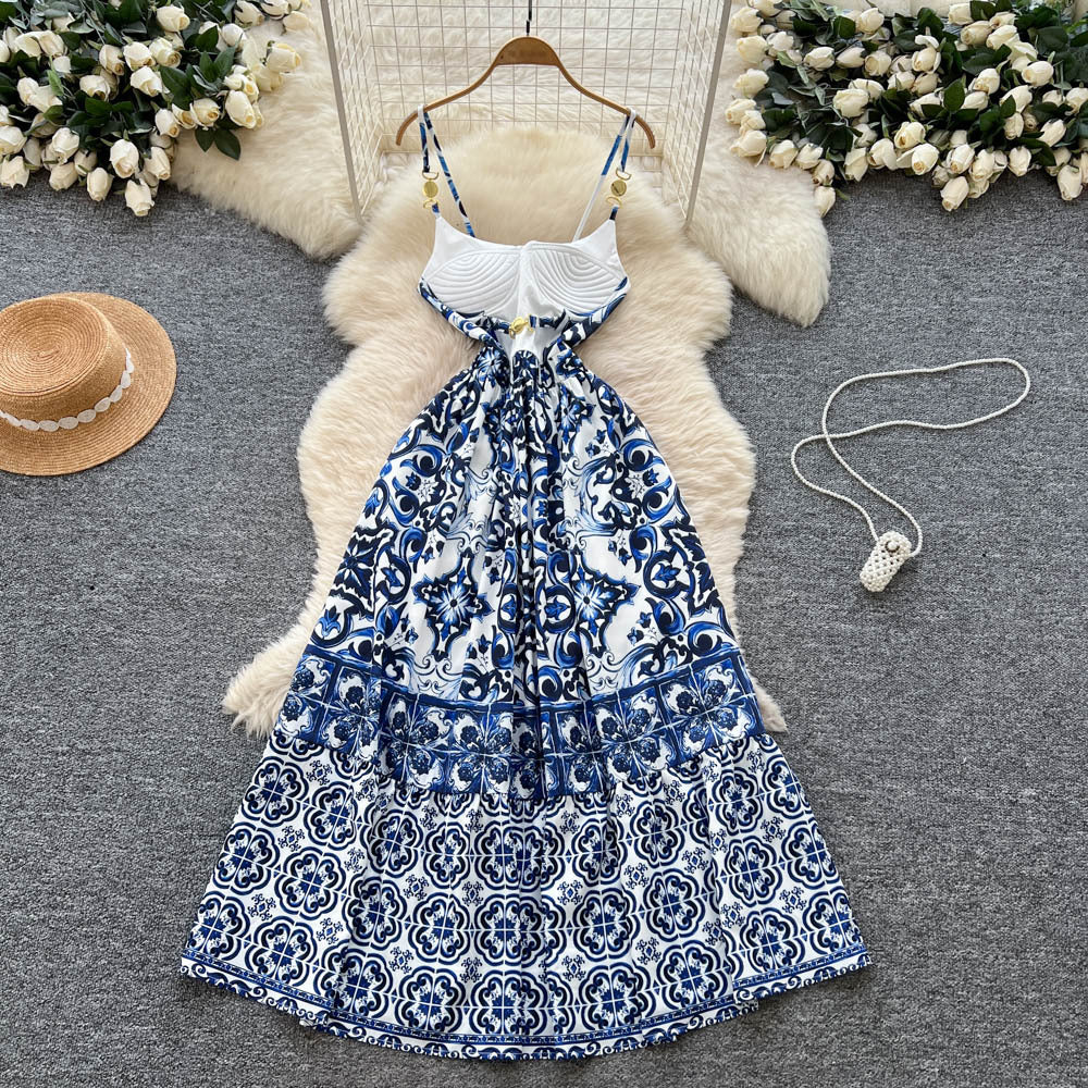 European and american fashion camisole dress for women, autumn , high-end, slimming, elegant, printed, flowy maxi dress