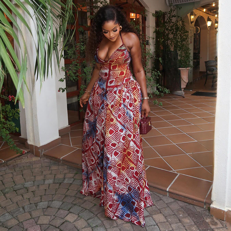 European and american style ins cross-border printing color matching women's waist a-line skirt halterneck backless low-cut outing long dress trendy
