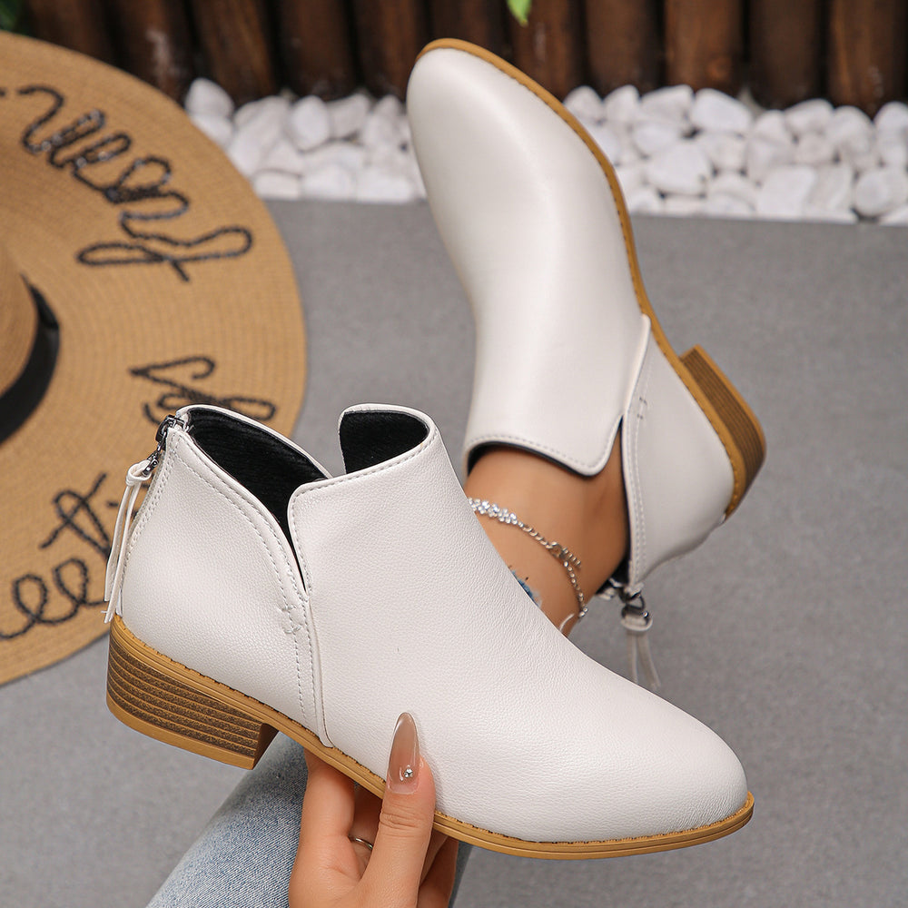 Fashionexportplus size leather boots women's boots pure colorslimming look pointed toe back zipper casualthick sole thick heel boots women's single