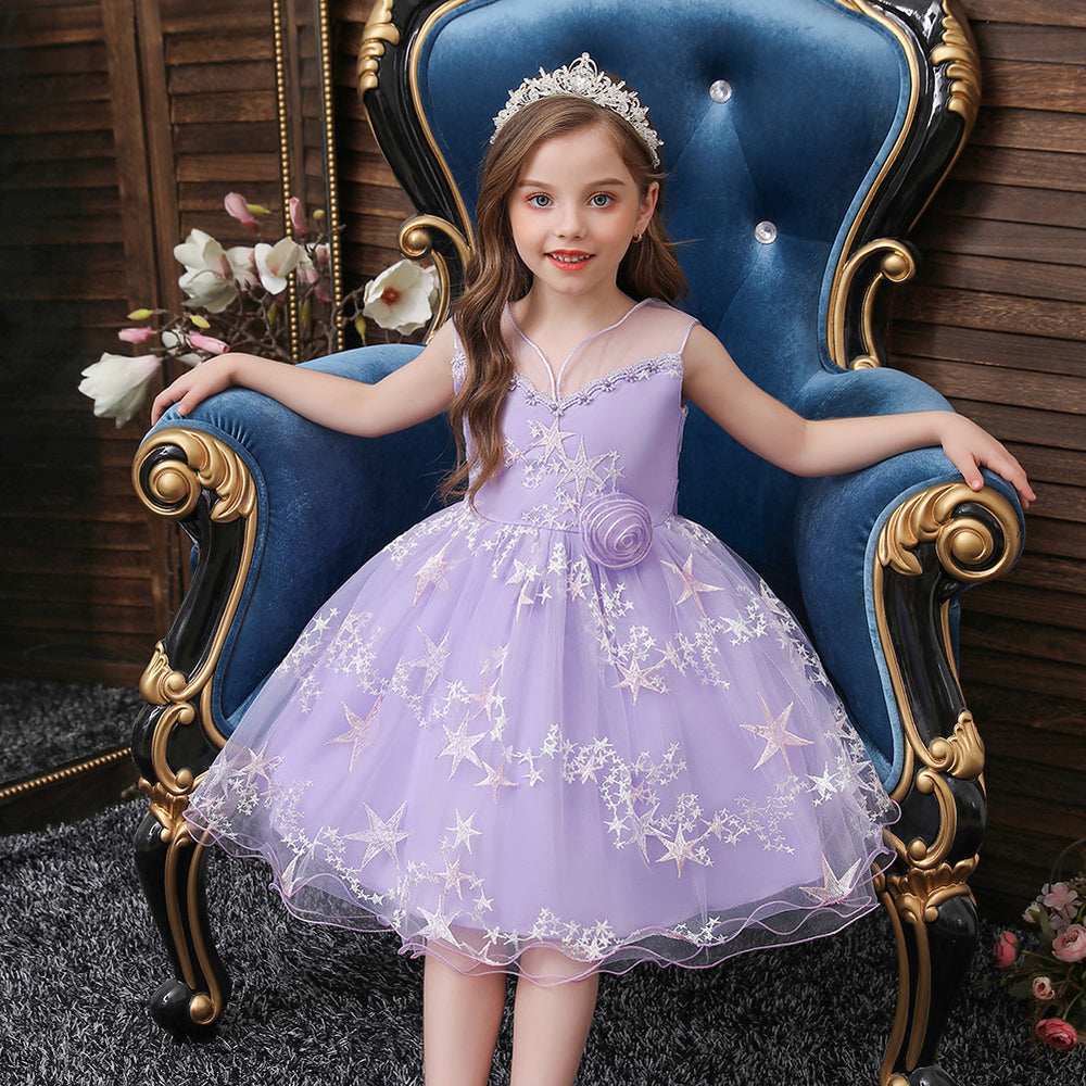 New princess dress for kids, sleeveless printed princess gown, girls' white dress, flower girl dress - in stock