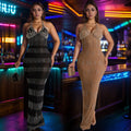 C7075 cross-border   independent station fashion women's lace hot diamond deep v sleeveless dress