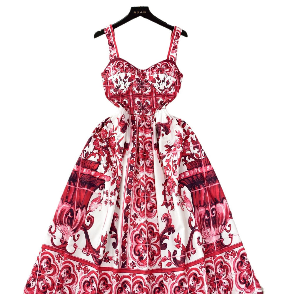Ethnic style retro suspender dress women's frenchsense of designniche style waist slimming look floral a-line long skirt
