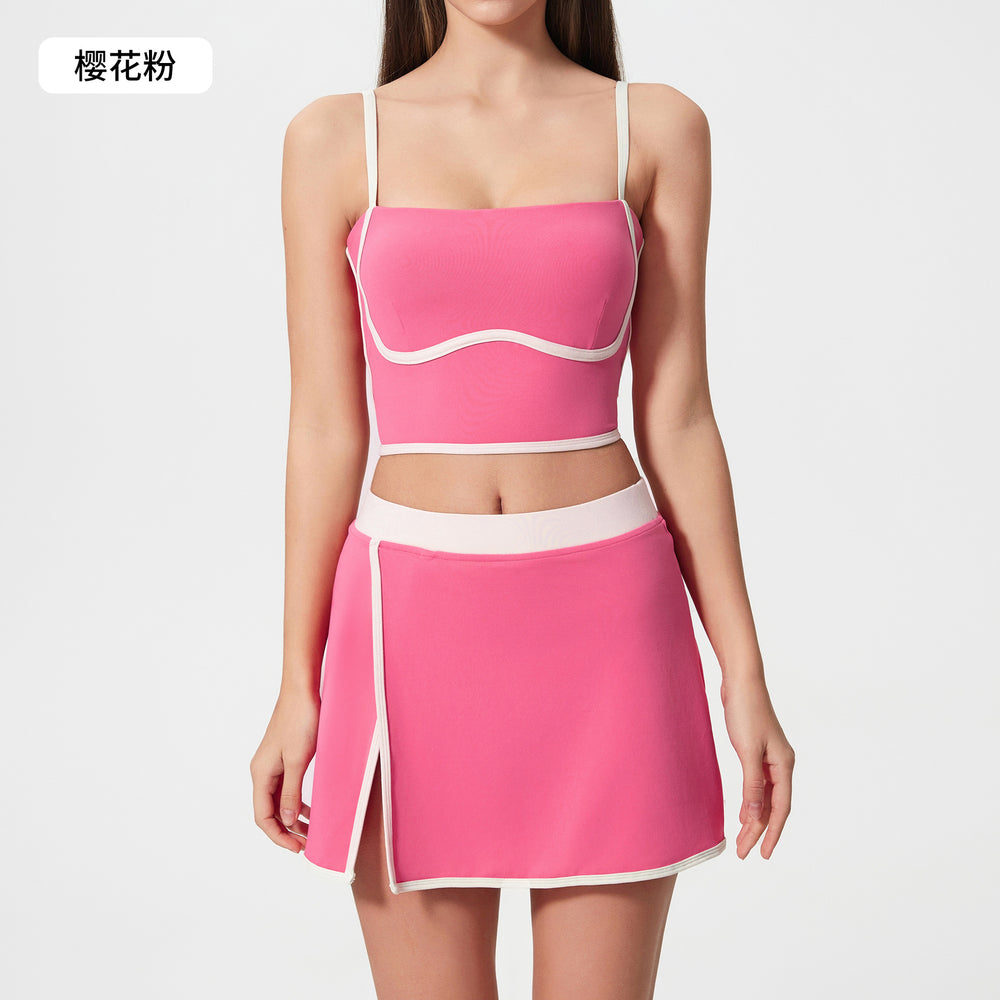 Contrast color sports tennis skirt yoga suit women's high intensity bubble wrap vest women's nude butt lift fitness nine-point pants