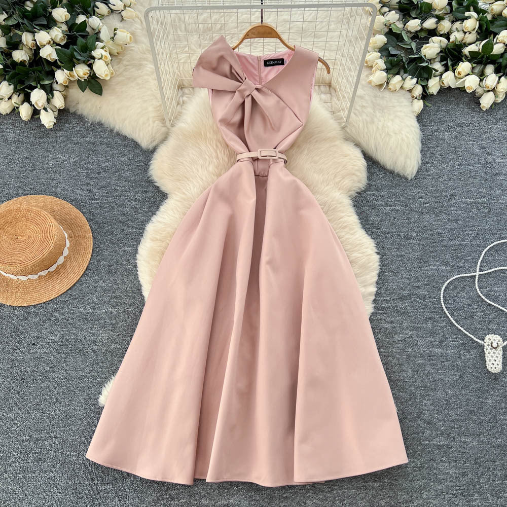 High-end women's french style formal dress - elegant, sleeveless, v-neck, cinched waist, slimming, and flattering a-line maxi dress with 3d bow detail