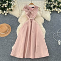 High-end women's french style formal dress - elegant, sleeveless, v-neck, cinched waist, slimming, and flattering a-line maxi dress with 3d bow detail