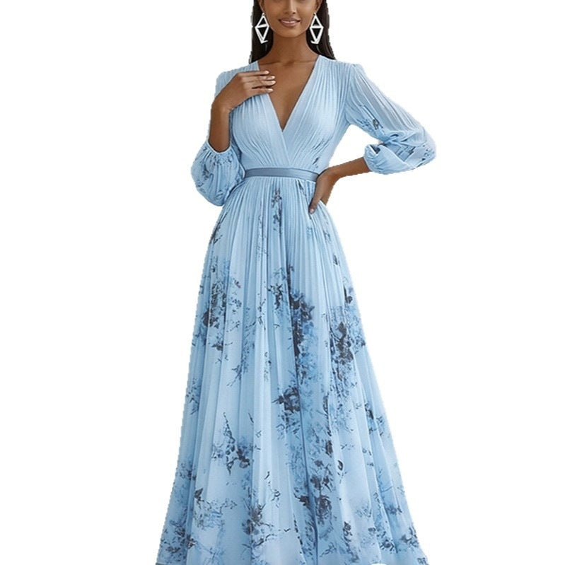 women's summer new arrivals:  cross-border fashion - elegant v-neck printed waist-cinching dress (us/eu style)