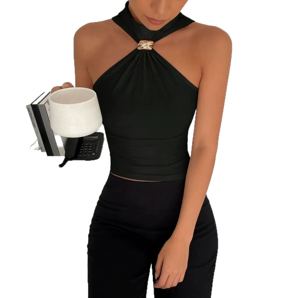 spring/summer women's high neck metallic ring sleeveless off-shoulder stretch tank top - suitable for , , and independent e-commerce stores