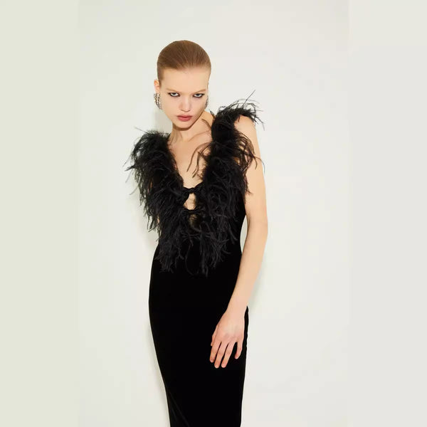 Cross-border  hot sale women's bow ostrich hair bandage dress women's high-end light luxury niche dress dress