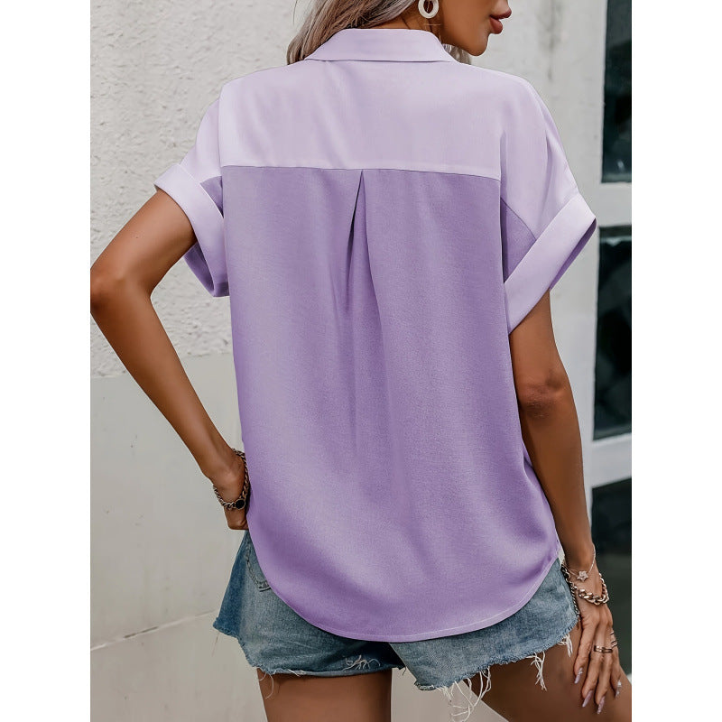 hot selling fashionpure colorpatchworkcontrast color bat sleeve short sleeve shirt tops women's shirt