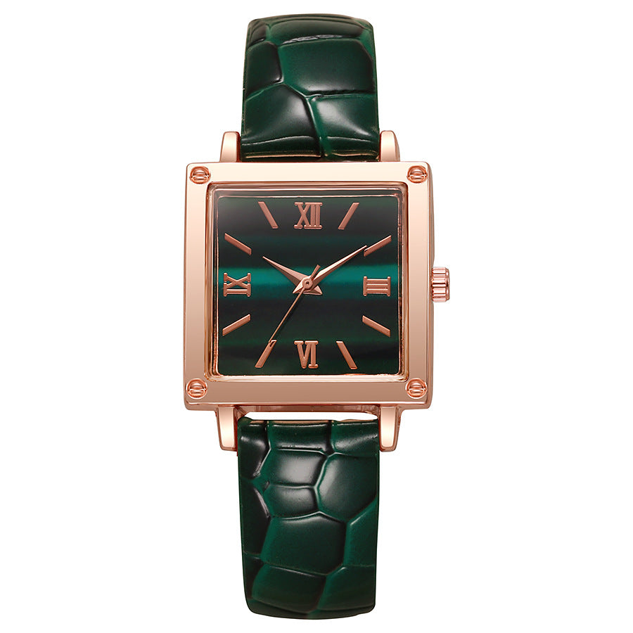 New fashion women's crocodile-embossed leather belt watch - square roman numeral quartz wristwatch for students (export model)