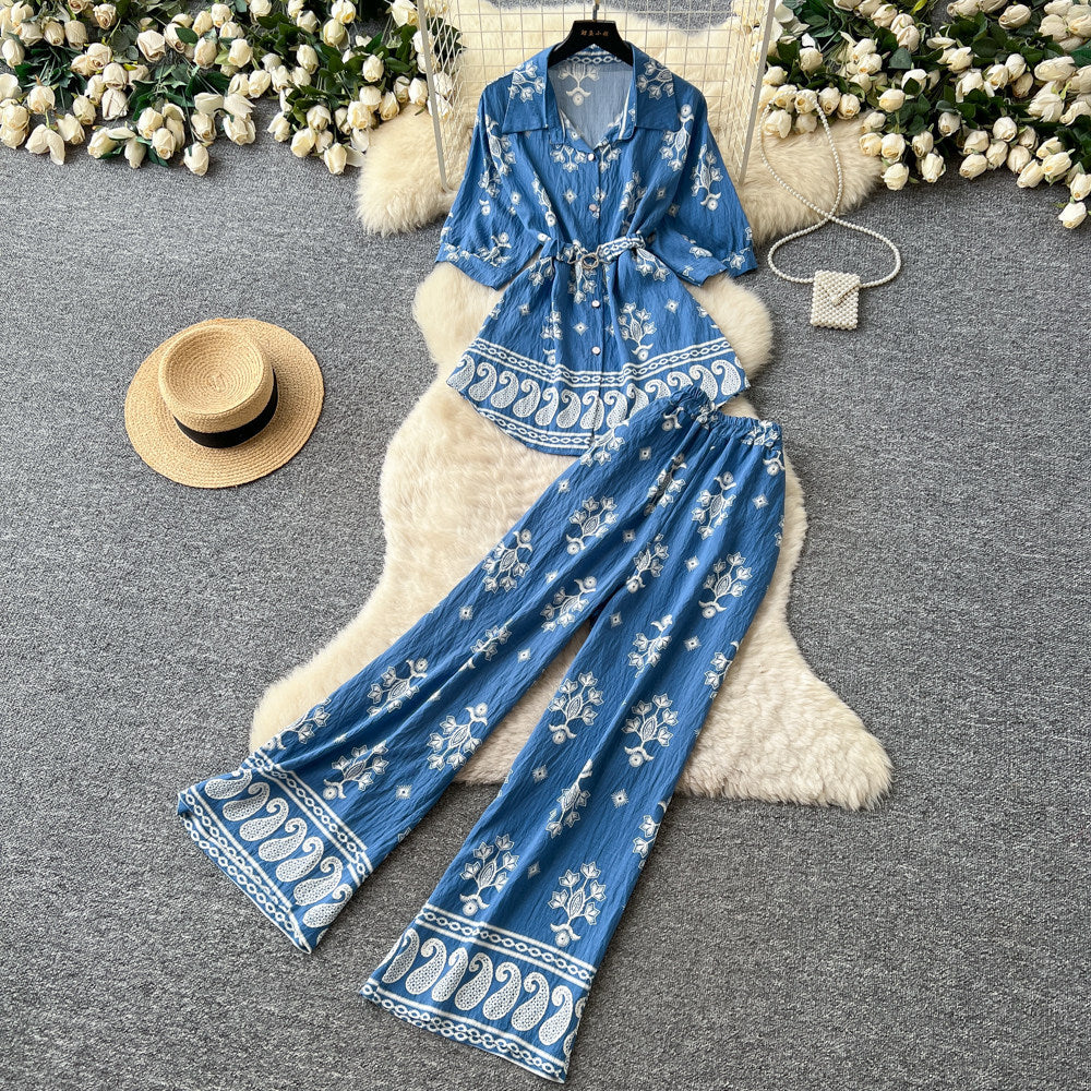 Commuting style printing lapel casualtwo-piece set women's summerretrolong sleeves waist slimming lookeasiest for matchelegantsuit