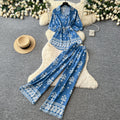 Commuting style printing lapel casualtwo-piece set women's summerretrolong sleeves waist slimming lookeasiest for matchelegantsuit