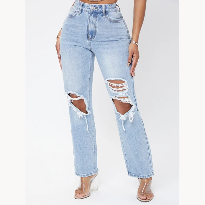 Customized ripped jeans for women,  new fashion high-waisted ripped loose straight-leg washed denim jeans