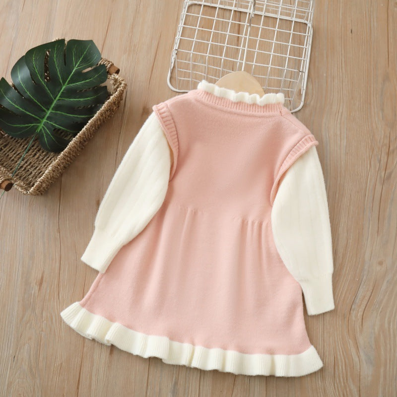 Girlsweaterlong skirtfall and winter new new year's greeting style bows christmas skirt children's dress