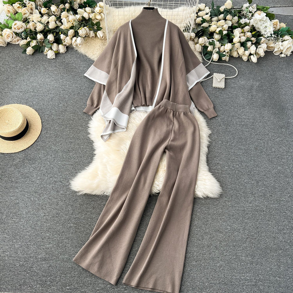 Fall and winterloose lazy style shawl cloak outwear high collar pullover knitting shirt sweatercasualloose pants three-piece set