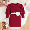 retrogirldress red round neck lantern sleeves belt waist bag pearl decoration fall and winterkids skirt