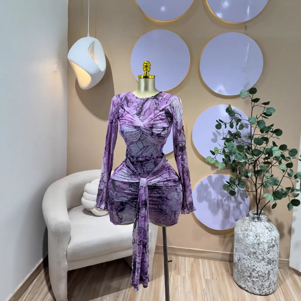 European and american cross-border women's fashion:  spring new arrival - long sleeve crew neck bandeau waist cincher ribbon detail bodycon mini dress