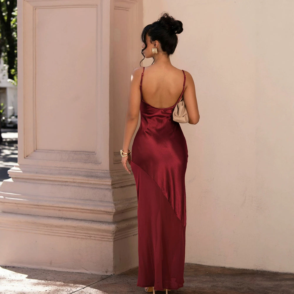 summer new european and american style camisole dress - sexy backless satin patchwork chiffon maxi evening gown