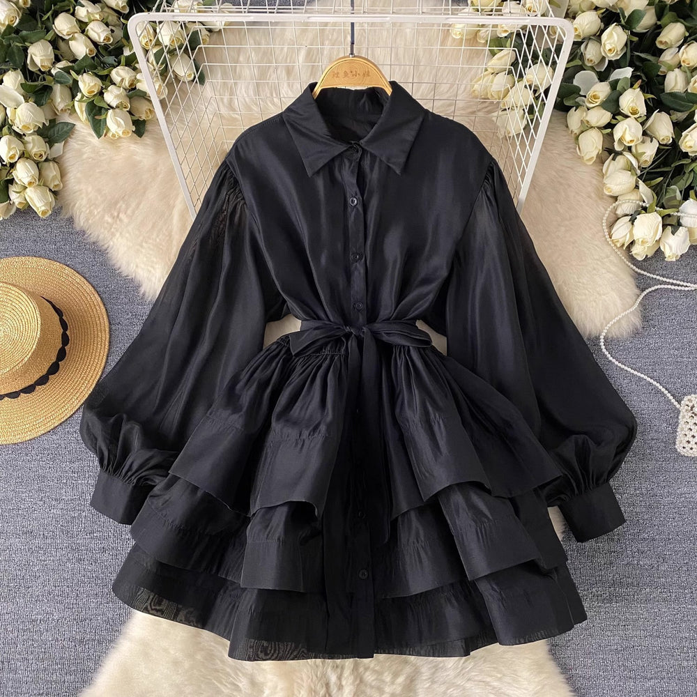 European and american style high-end printed lantern sleeve dress - women's summer tie-waist polo collar design elegant tiered dress